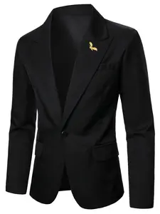 Men's Casual Aesthetic Woven Plain Suit Jacket Long Sleeve with Eagle Embroidery, One Button Pocket Design, Fitted Style for All Seasons, Perfect for Weddings & Events