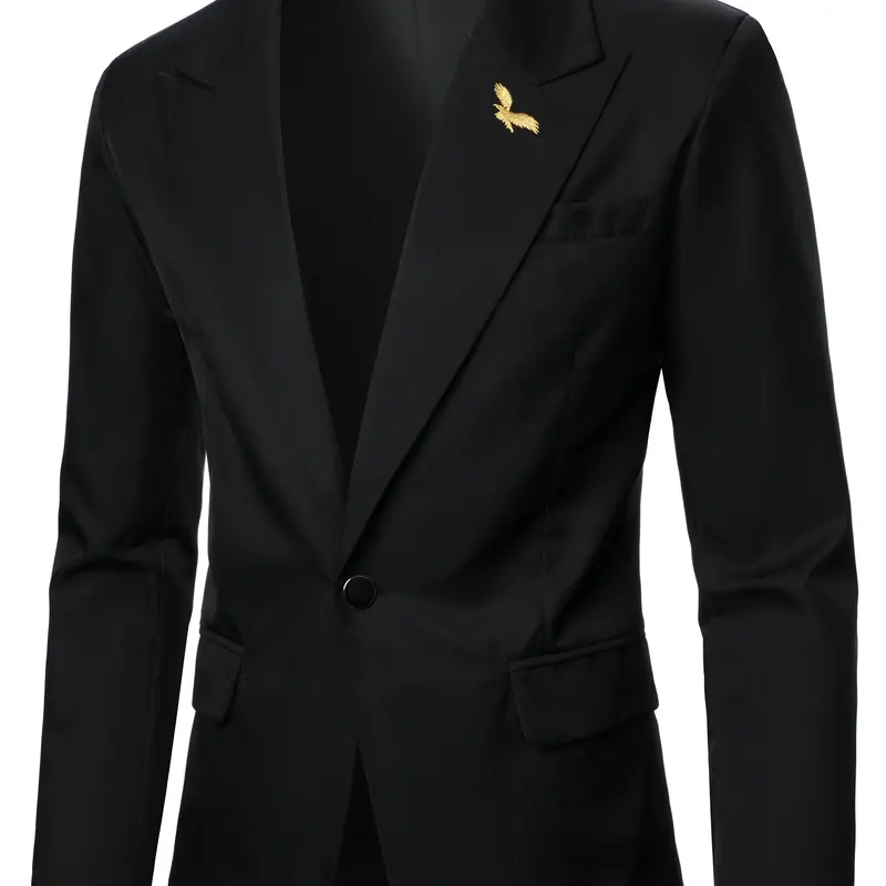 Men's Casual Woven Suit Jacket with Eagle Embroidery, One Button Pocket Design, Fitted Style for All Seasons, Perfect for Weddings & Events, Blazer Coat