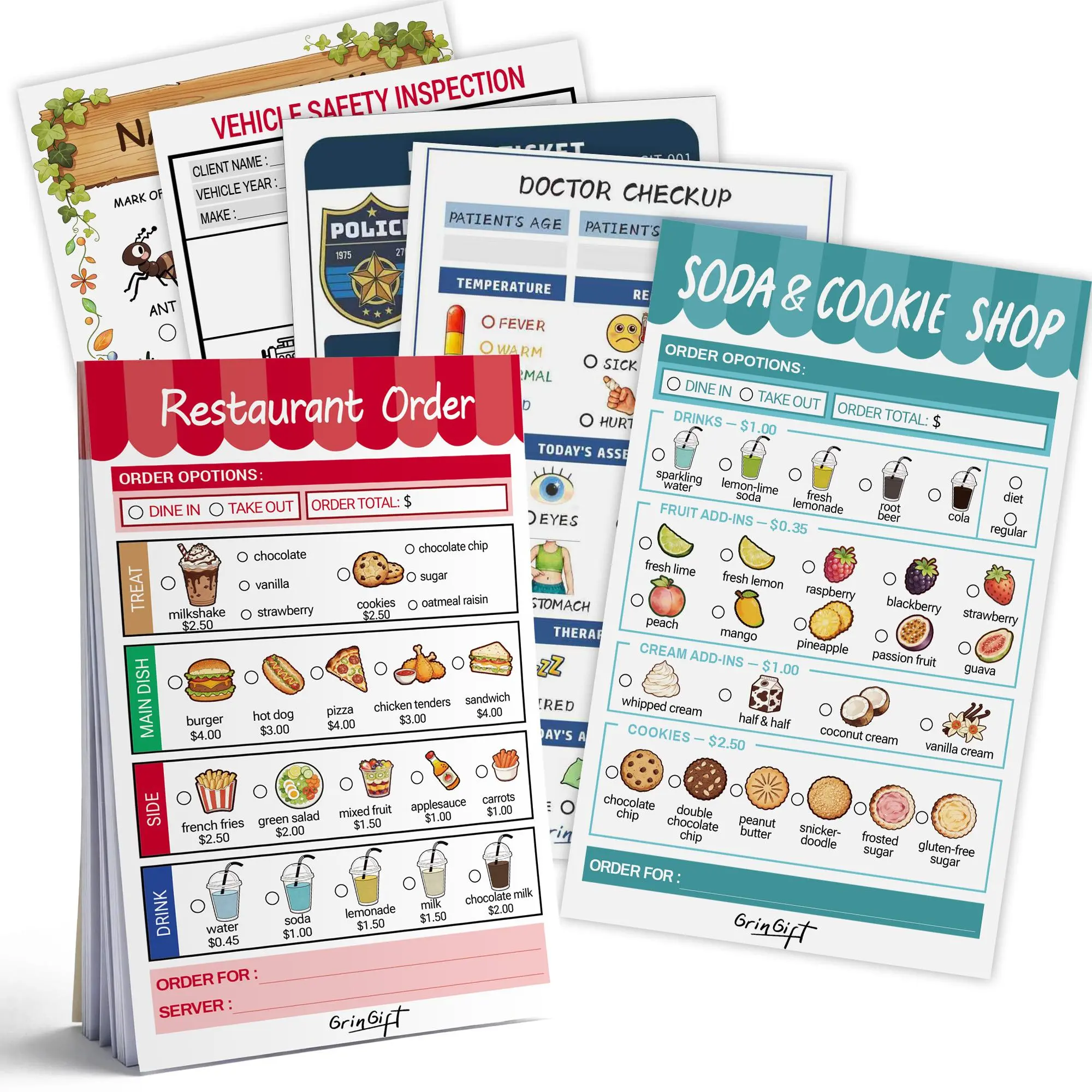 Kids' Pretend Play Notepads - 4"×6" Small Hands-Friendly Activity Pads for Preschoolers, Doctor/Restaurant Roleplay Scenarios, Homeschool Learning Materials