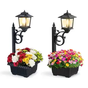 Hoodink 2 Pcs Solar Post Light With Planter, Room Decor For Easter Wedding Decorations, Black Post Light, 2 In 1 Outdoor Solar Post Light For Porch Front Door Patio Roadside Decoration