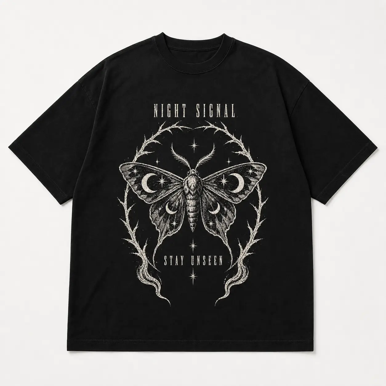 Unisex Oversized Moth Graphic T-Shirt, Vintage Gothic Streetwear Crewneck Short Sleeve Tee, Black & White Matching Couple Shirt