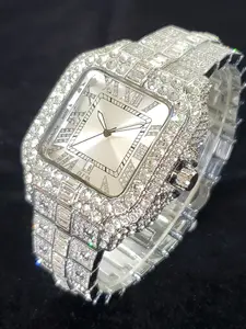 Silver Color Diamond Stainless Steel Watch Luxury Fashion Hip Hop Street Style Zircon Automatic Date Square Dial Wristwatch Casual Party Wear Shiny Accessory