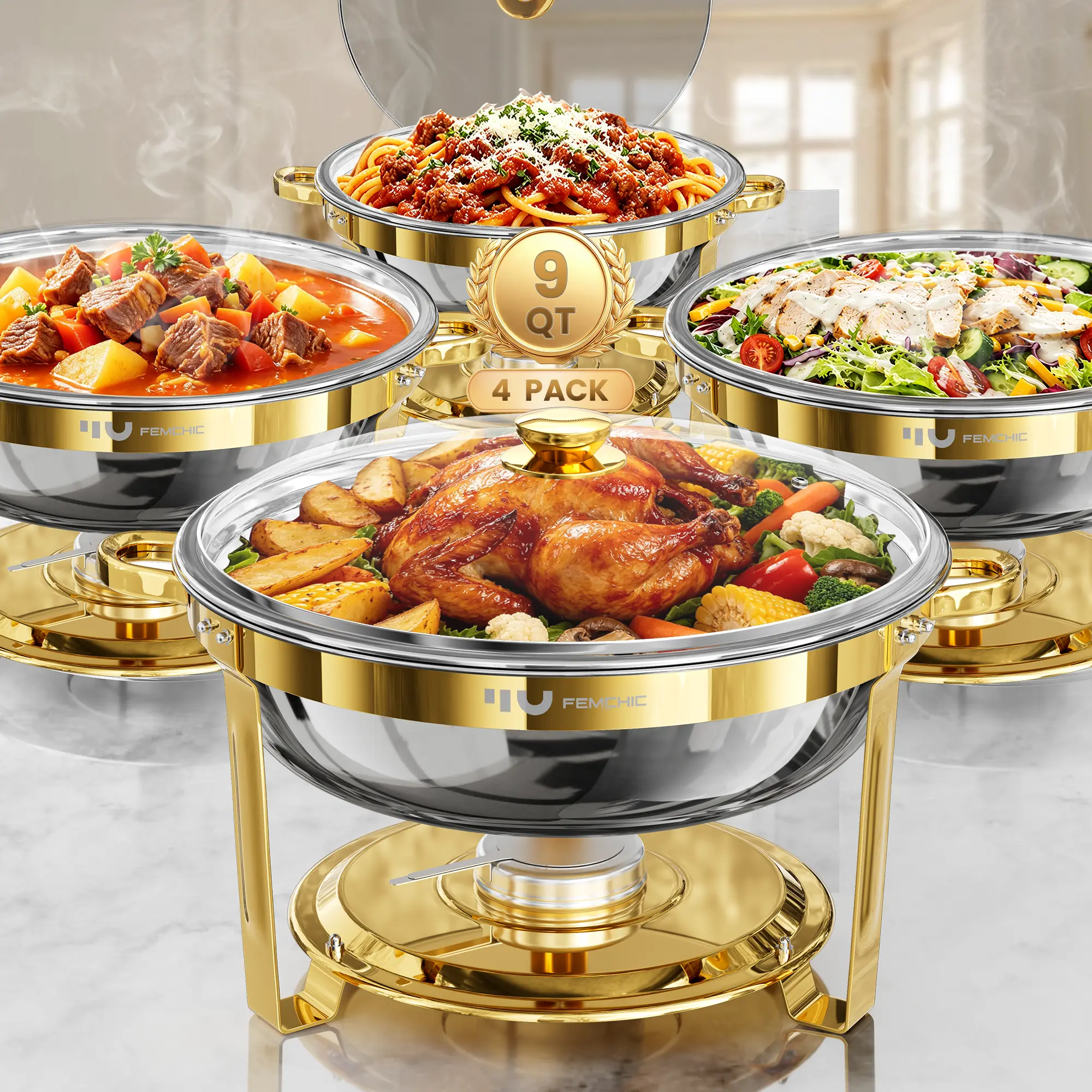 Femchic 9QT Gold Chafing Dishes for Buffet with Glass Lid, 2/4 Pack Stainless Steel Round Chafer Set, Stackable & Smooth Rim, for Commercial Catering, Parties, Weddings & Holiday Gatherings