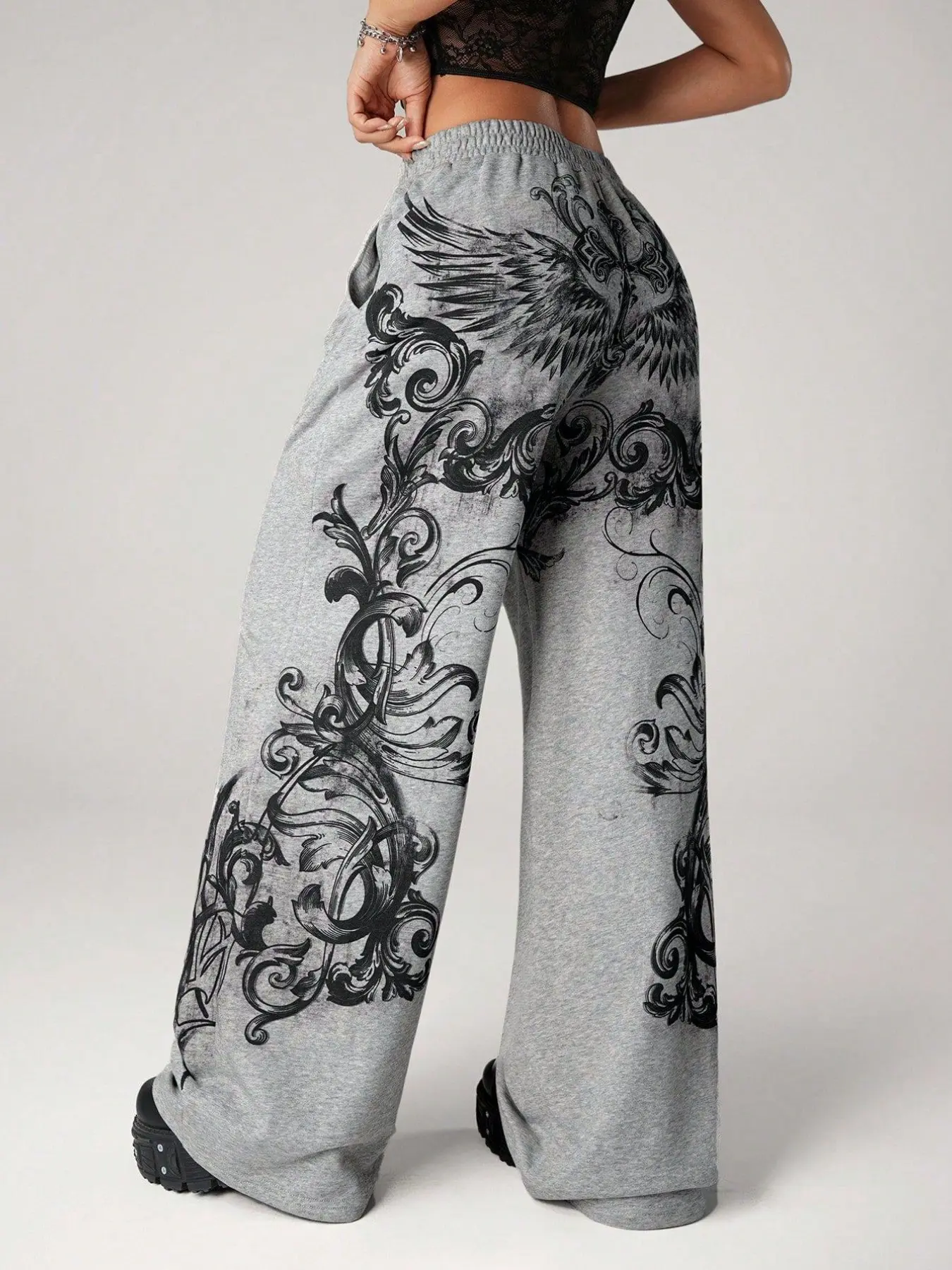Gothic Wing Print Elastic-Waist Wide-Leg Baggy Oversized Sweatpants, Y2K Grunge & Edgy Aesthetic Loose Fit Versatile Streetwear