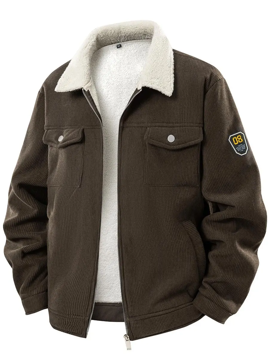 Men's Thick Vintage Long-Sleeve Sherpa-Lined Corduroy Work Jacket - Fluffy Textured Turndown Shearling Collar, Full-Zip Trucker Coat with Badge Detail, Casual Outdoor Outer Layer, Menswear, Decoration