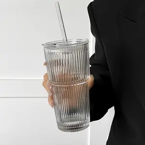 Three-Piece Glass Coffee Cup Set (cup + Lid + Straw), Leakproof Straw Cup, 550ML-600ML Water Bottle, Suitable for Coffee Tea Whiskey Milk, Home Office Travel Use, Tumbler