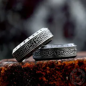 GTHIC Vintage Viking Celtic Knot Runes Stainless Steel Band Ring For Men Women Birthday Gift