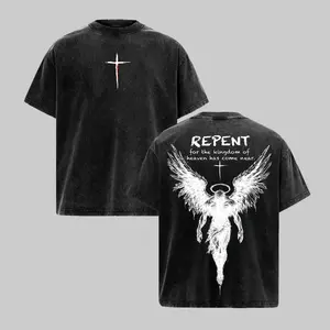 Men's Vintage Washed Oversized Christian T-Shirt - Angel Wings Faith Graphic, "Kingdom of Heaven Has Come Near" Gospel Seamless Breathable Classic Fabric Apparel, Heavy Cotton Unisex Retro Worship Streetwear Top Tshirt Personalized Menswear