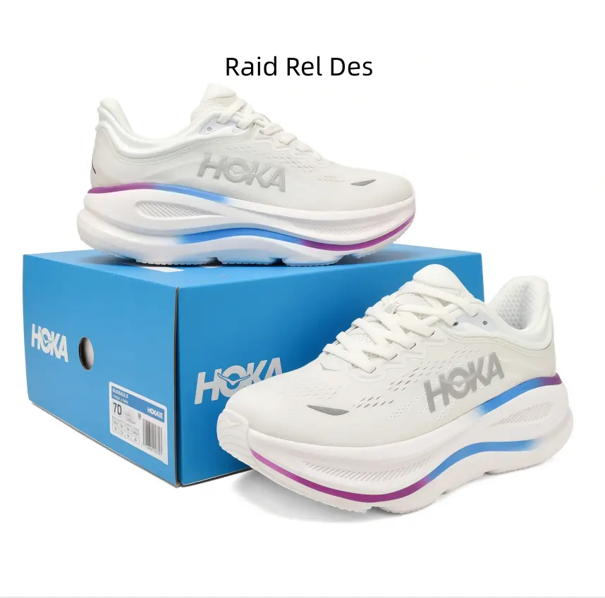 Clean off-white running sneakers with gradient blue-purple stripe cushioned midsole