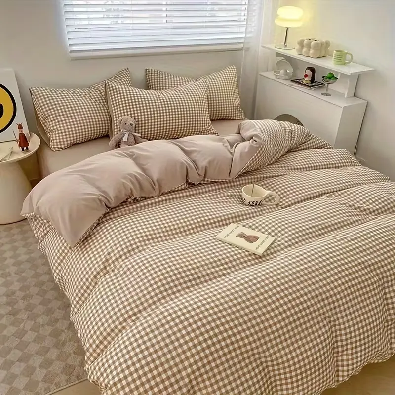 Minimalist Plaid Print Sheet Set, Soft Comfortable Bedding, Ideal for Bedroom & Guest Room Decor, 2/3 Piece Set, Soft Bedding Sets, Bed Sheets Set, Bedsheet Sets, Comfy Bedding Sets