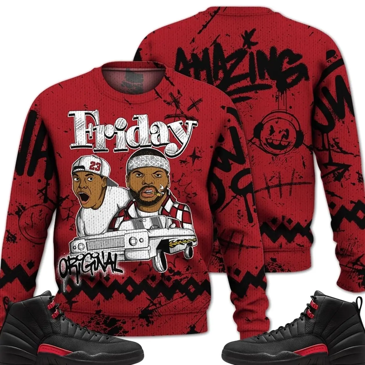 Bloodline 12s Outfit Ugly Sweater, Meme Friday Graphic Tee Sneaker Color Match Shirts