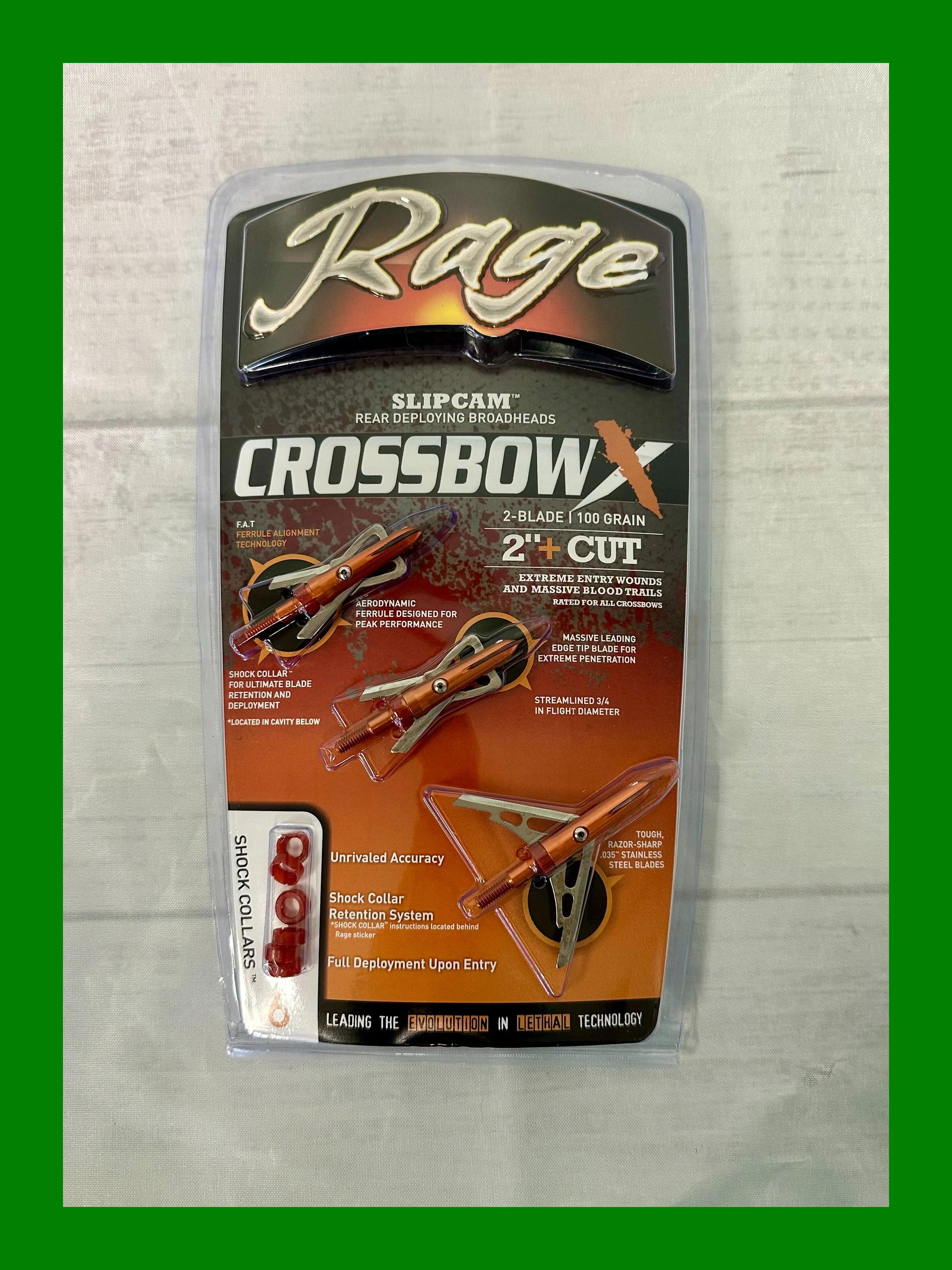 Rage Crossbow X Slipcam 100 Grain 3 Pack Hunting Broadheads R53000, 2 Steel Blade, 6 Extra Shock Collars, 2"+ Entry Diameter, Aerodynamic, Rear Deploying