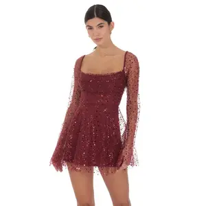 Sequin Beaded Long Sleeve Fit and Flare Dress in Burgunday