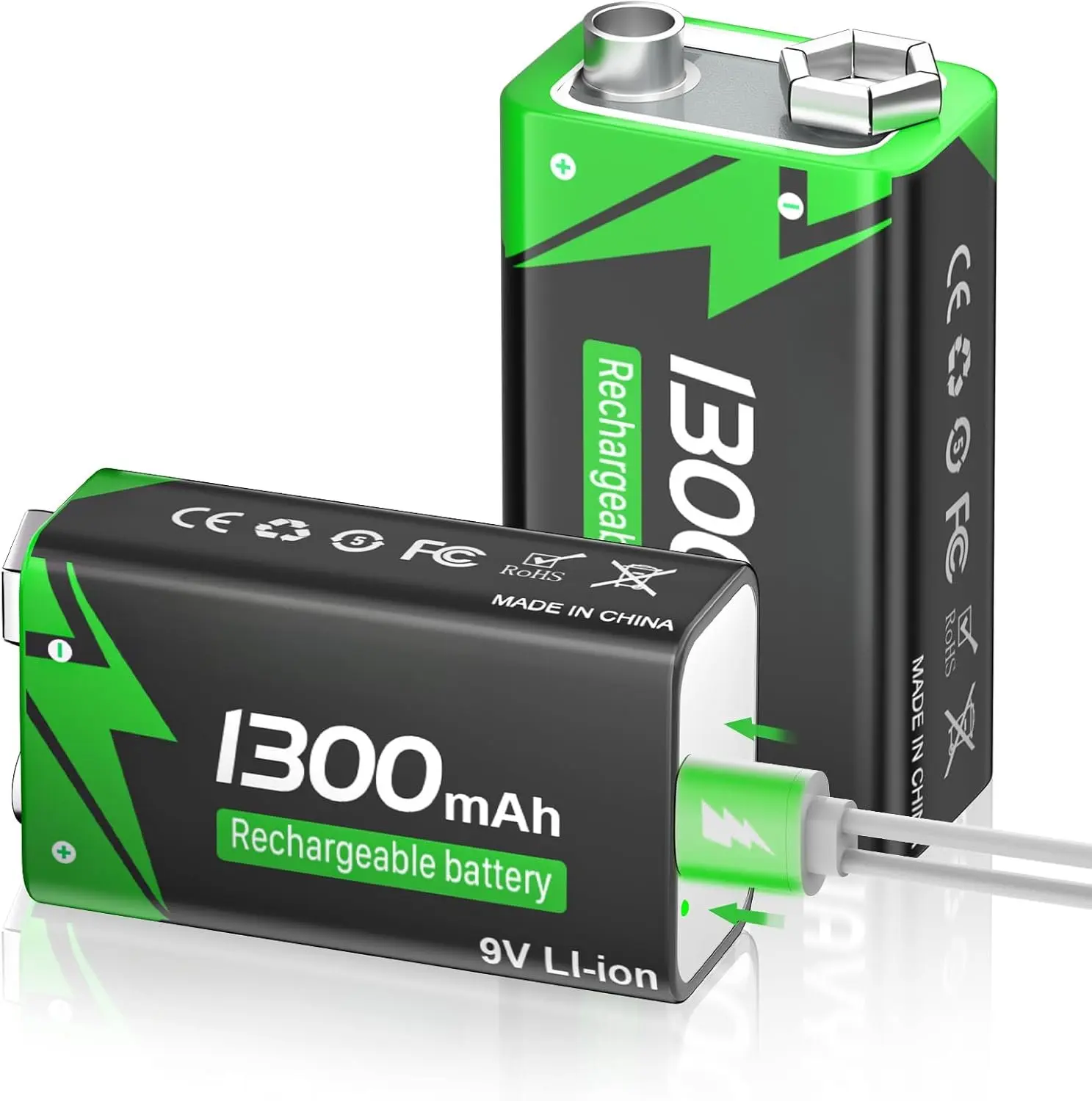 2-Pack 1300mAh Rechargeable 9V ,9 Volt Lithium-  Long Lasting with 2-in-1 USB-C Fast  , for  Detector Alarms, Microphone, Toys, Walkie-Talkies