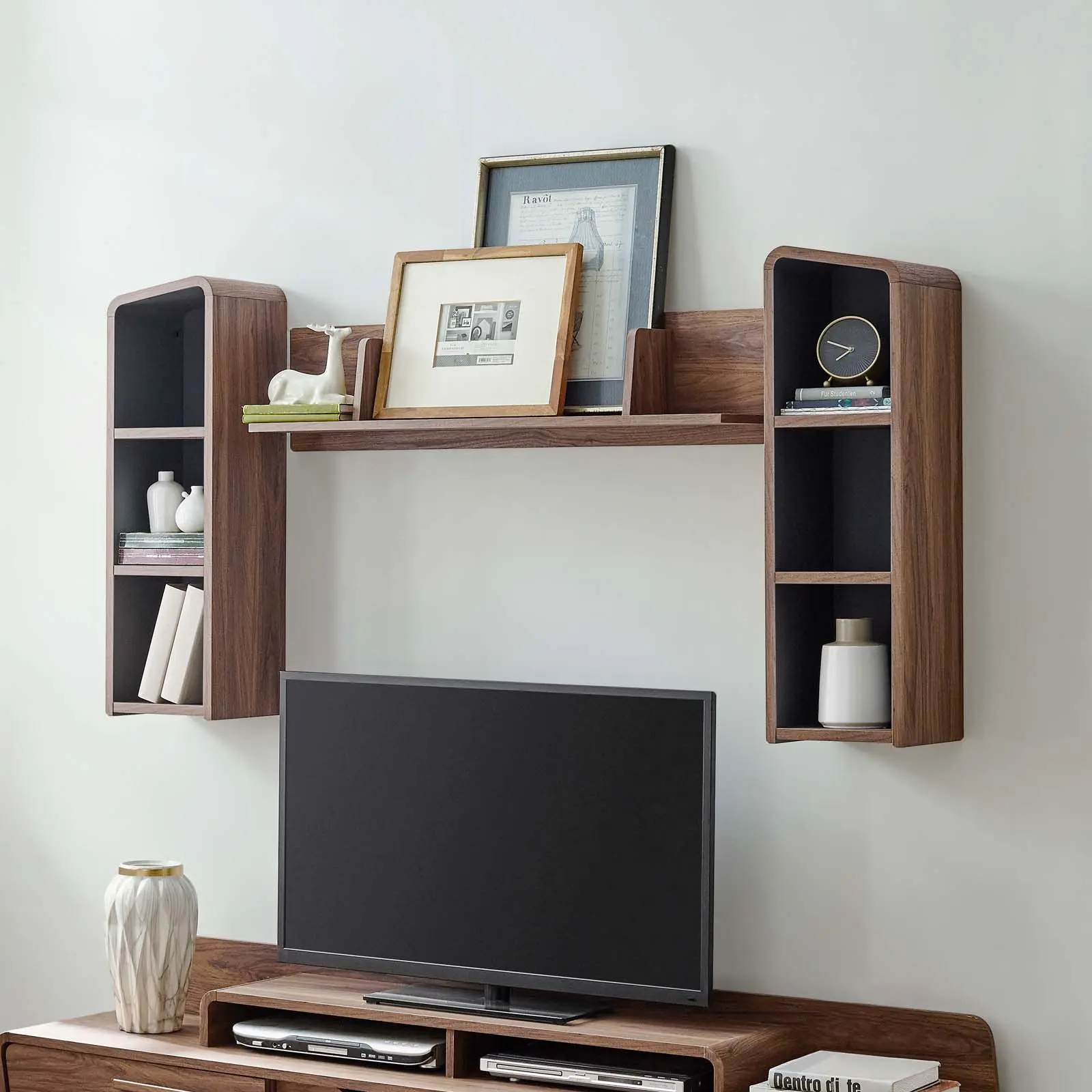 Modway Omnistand Wall Mounted Shelves - Walnut Gray, Floating Wall Organizer Shelf for Room Decor, Lounge Decor