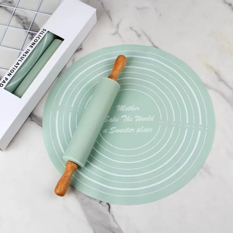 Silicone Baking Mat & Rolling Pin Set, 1 Set Non-stick Round Baking Cake Mat & Wooden Rolling Pin, Baking Utensils for Home Kitchen Baking House Baking Tools, Essential Bakeware, Bakery Supplies, Baking Accessories, Baking Essentials