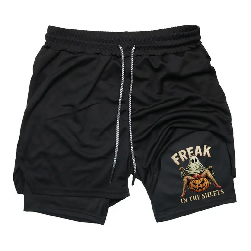 "Freak In The Sheets" Halloween Seductive Ghost Pumpkin Vintage Graphic Men's Streetwear 2-in-1 Shorts Sweat Shorts with Pumpkin Graphic Print Drawstring Waist Casual Summer Shorts for Men Trendy Drip Clothing