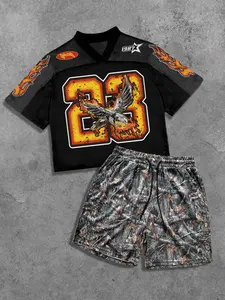 Men's Short Sleeve Graphic Tee & Camo Print Shorts Two-piece Set, Regular Fit Casual T-shirt & Shorts, Men's Summer Clothes Set for Outdoor, Shortsleeve Menswear, Suits, Casual Lounge Set