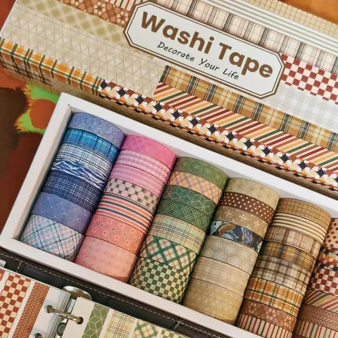 42-Roll Vintage Soft Colors Gingham Washi Paper Tape Set - Decorative Decal, Layer-Friendly Easy Tear Tape with Gentle Stick Hold, Clean Removal, Scrapbook Supplies for Junk Journal DIY Projects