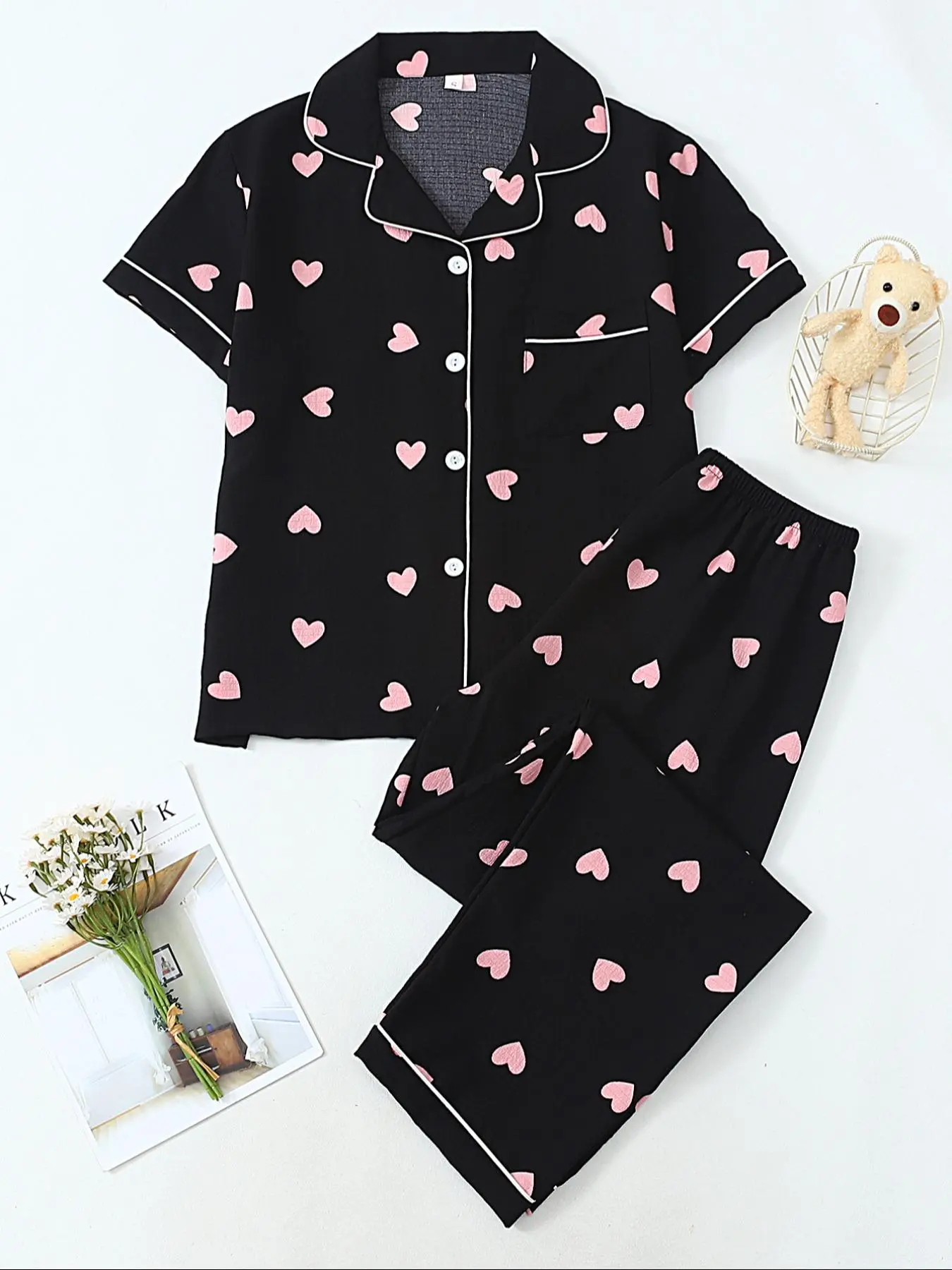 Women's Heart Print Short Sleeve Pjs, Casual Comfy Pajama Set for Women, Comfy Loungewear Set for Women, Women's Sleepwear for All Seasons, Homewear, Matching Pj Set, Casual Pajamas, Fashion Sleepwear