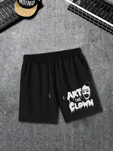 Men's "Art the Clown" Horror Streetwear Shorts - Scary Clown Face & Drip Font Print Black Shorts, Gothic Horror Streetwear with Distressed Typography, Soft Cotton Blend Drawstring Waist Casual Fitted Shorts, Perfect for Horror Movie Fans