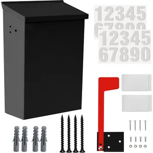7.1"x10.1"x3.8" Wall-Mount Mailbox for House with Flag and Number Stickers, Mailboxes for Outside Wall Mount with Screws Ideal for House Outdoor Use, Rust-Proof Carbon Steel Mailbox - Black