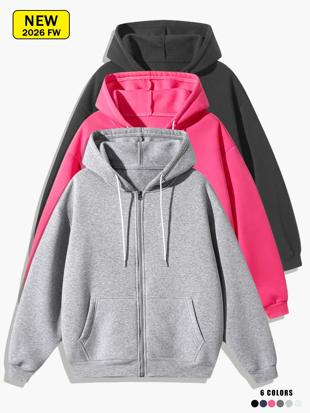 Unisex Oversized Full Zip Up Hoodie, Solid Plain Long Sleeve Kangaroo Pocket Loose Fit, Casual Daily Streetwear Hooded Sweatshirt Jacket for Men Women