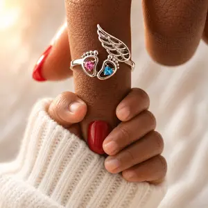 Angel Baby Memorial Ring for Mom, Pregnancy Loss Remembrance Gift, Miscarriage Sympathy Jewelry, Pink & Blue Baby Footprint Wings Ring, Adjustable Open Band, Rainbow Baby Keepsake Memory Gift for Women