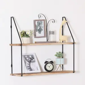 Rustic Look Wooden 2-Tier Gardenia Floating Shelf with Metal Brackets, Wall-Mount Bow-Shape Wall Storage for Trophies, Photo Frames, Indoor Room Decor