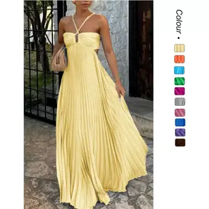 Women's dress for summer nights Vacation ready in this buttery yellow pleated dress