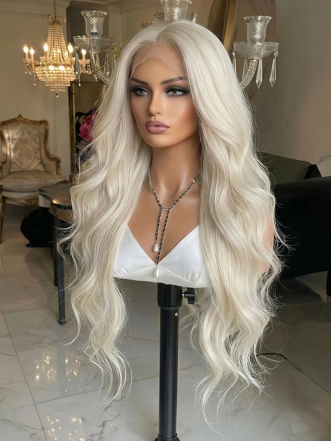 Topshe 13x6 Lace Front Wig, Synthetic Wig, Lace Frontal Wig, Gradual Platinum Color, Heat Resistant Silk, Invisible Hair Roots, Long Wigs, Suitable for Office Workers