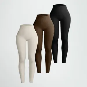 High-Waist Stretchy Threaded Women's Yoga Pants, Solid Color Tummy Control Breathable Sweat-Absorbing Sports Leggings for Cycling and Running Seamless Yoga Wear