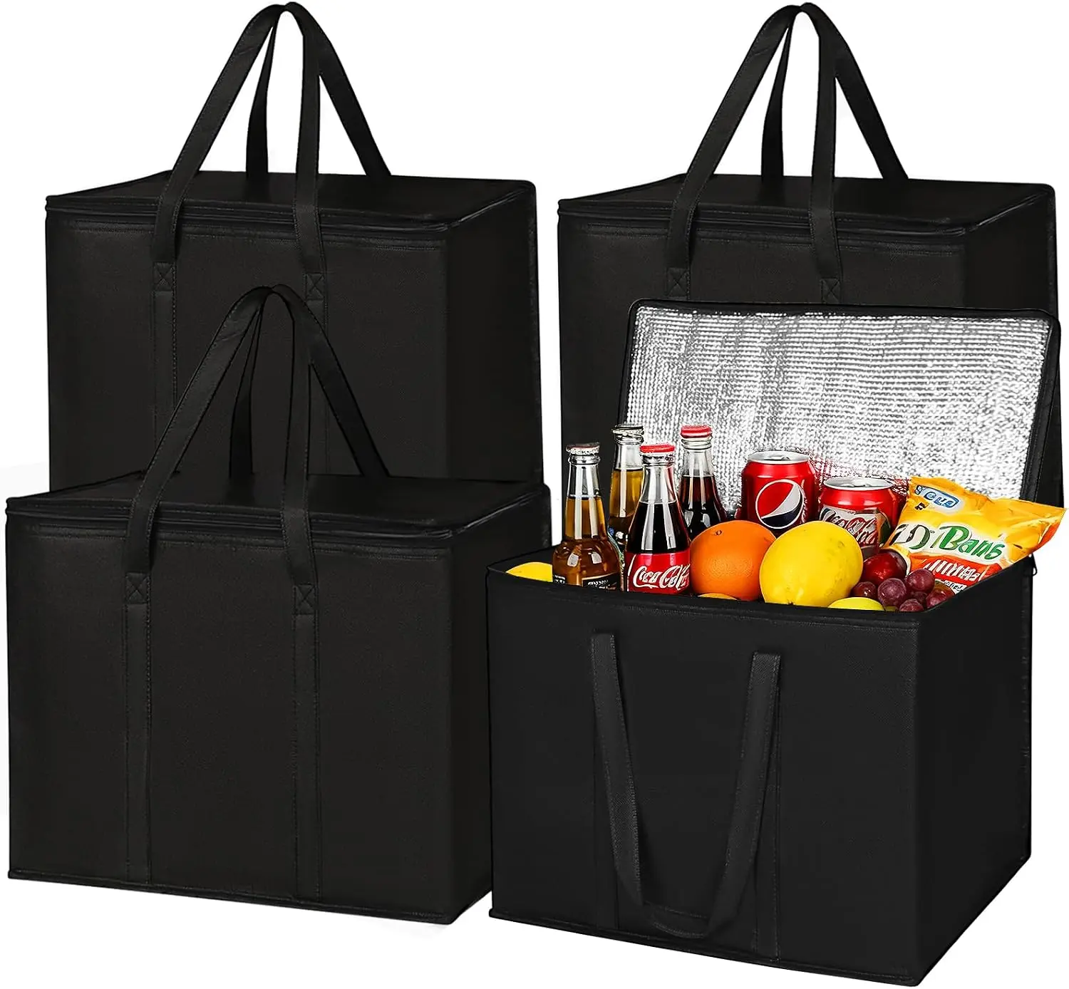 2 I 4 Pack Insulated Reusable Grocery Shopping Bags with zippered top,Food Delivery Bag,Collapsible Cooler Bag