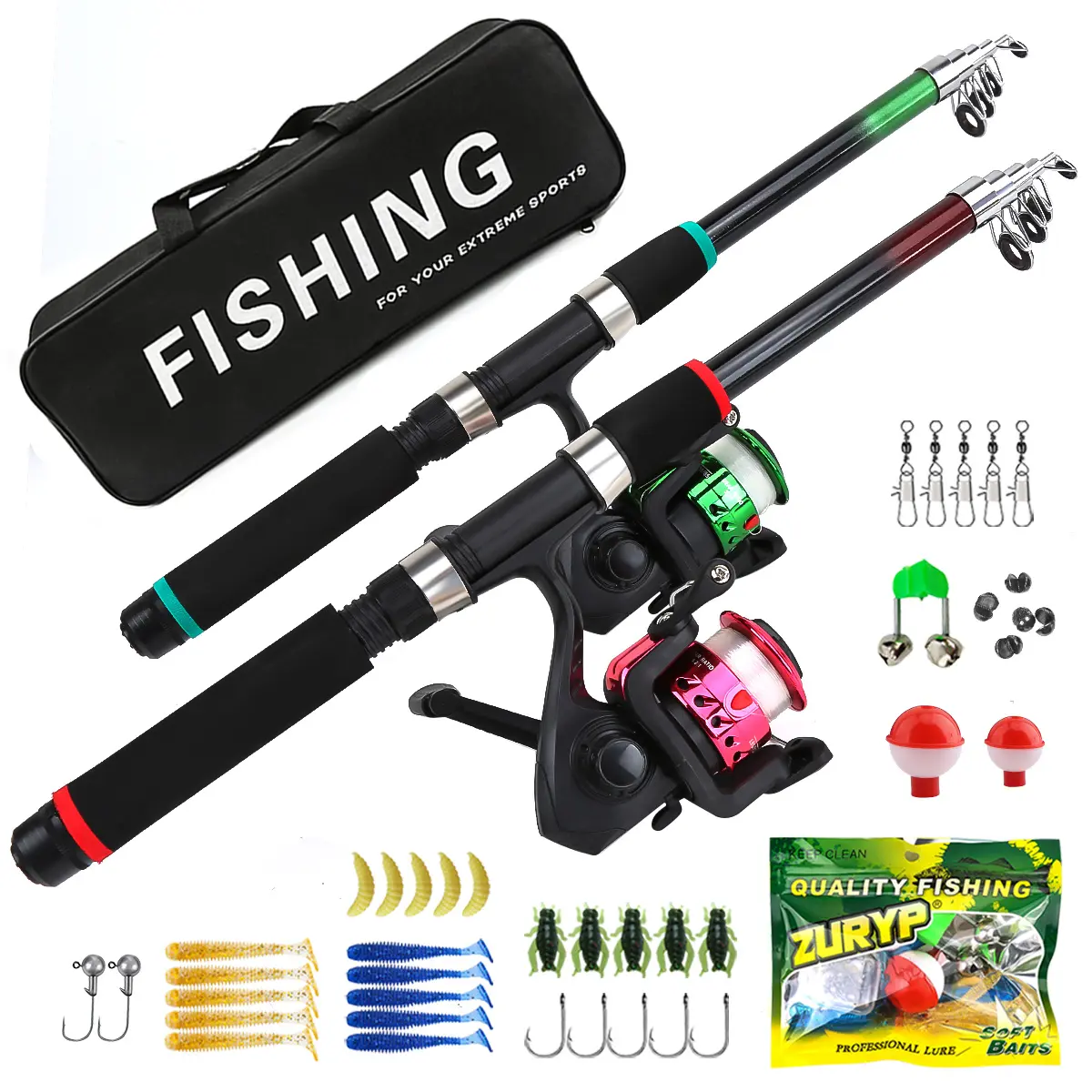Beginner-Friendly Dual Rod & Reel Fishing Combo, 1.8m Fiberglass Telescopic Rod with Spinning Reel, 2-in-1 Twin Fishing Set for Adults & Kids