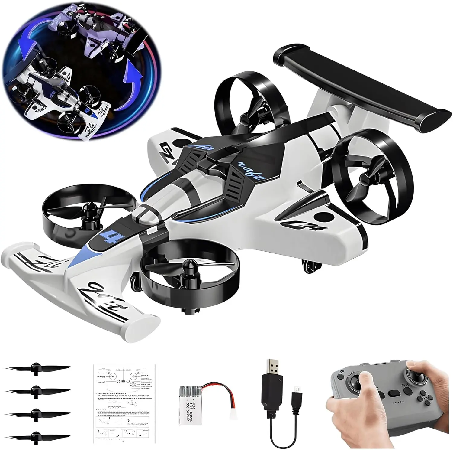 KYLVO 2-in-1 Adjustable Plastic Durable Flying RC Car RC Airplane Trainer Toy - Dual Land & Air Mode, 360° Drift, Stunt Flight, 1-Key Takeoff, 3 Speed Levels, Rechargeable Controller, Kids' Holiday Gift, Remote Control Aircraft