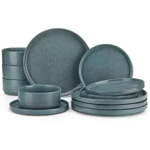 vancasso WEBB Series Stoneware Dinnerware Set for 4, 12-Piece Matte Black Dinnerware Set with Subtle Speckled Texture, Modern Plates & Bowls Set, Microwave & Dishwasher Safe