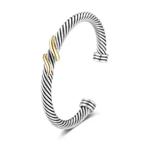 Aprilery Two-Tone Twisted Cable Gold Accent Cuff Bangle Bracelet For Women
