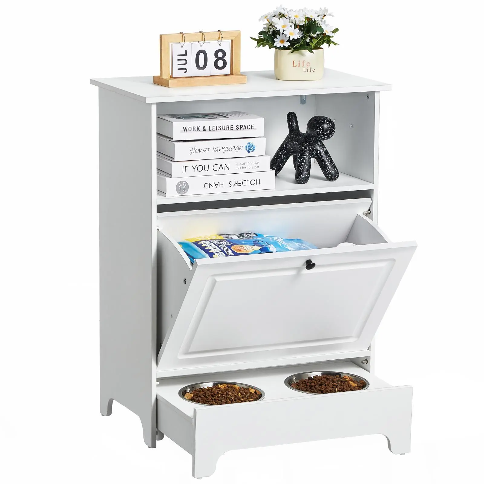 【Summerfinds】VEVOR Pet Feeding Station with 2 Stainless Steel Bowls Elevated Dog Bowls with StorageDog Food Storage and Feeder Station with Tilt Out Storage CabinetPet Toy Storage Organizerfor Small Dogs