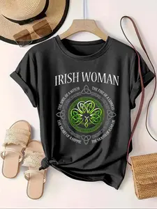 【Plus Size】Women's Plus Size Letter Print Round Neck Fitted Short Sleeve Tee - Womenswear Tops for Daily Summer Wear