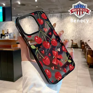 Phone case for iPhone 16 Pro Max 15 Plus 14 13 12 11 Cherry Bow Hearts Non-Yellowing Silicone Transparent Drop Protective Cover