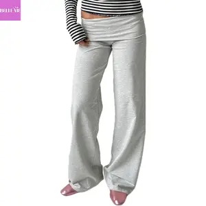 Women Wide Leg Pants Solid Color Fold Over Waist Casual Trousers Spring Fall Loose Sweatpants Bottoms