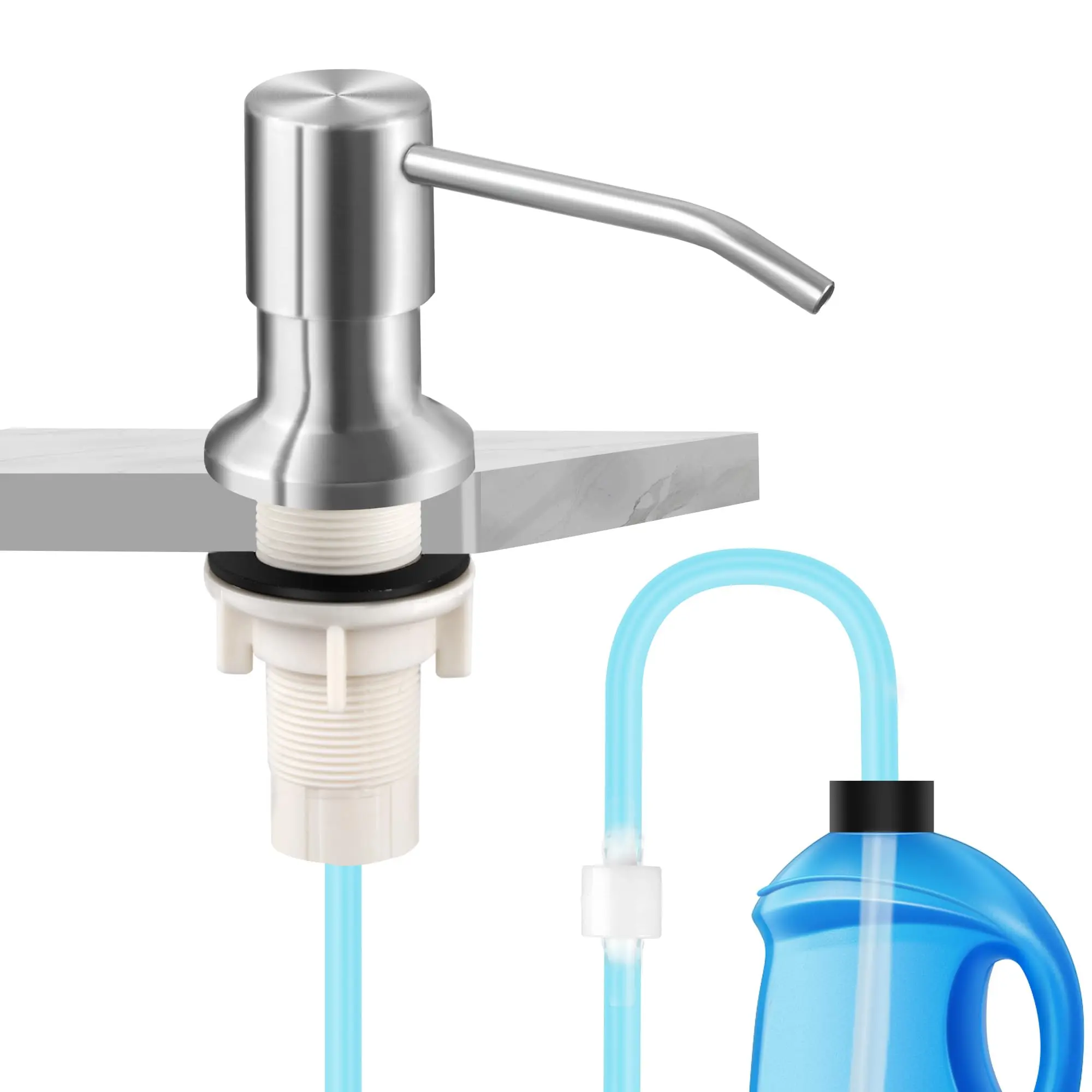 Brushed Nickel Metal Kitchen Sink Soap Dispenser Set - Stainless Steel Component, 47-in Tube Kit, Flush Mount, Direct Pump-to-Bottle Connection for Dispensing Dish Soap, Stainless Steel Soap Dispenser, Sturdy