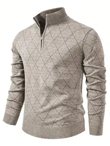 Men's Argyle Pattern Half Zip Sweater, Regular Fit Casual Long Sleeve Jumper for Daily Outdoor Wear, Men Casual Fashion Knitwear for All Seasons, Knitted Pullover