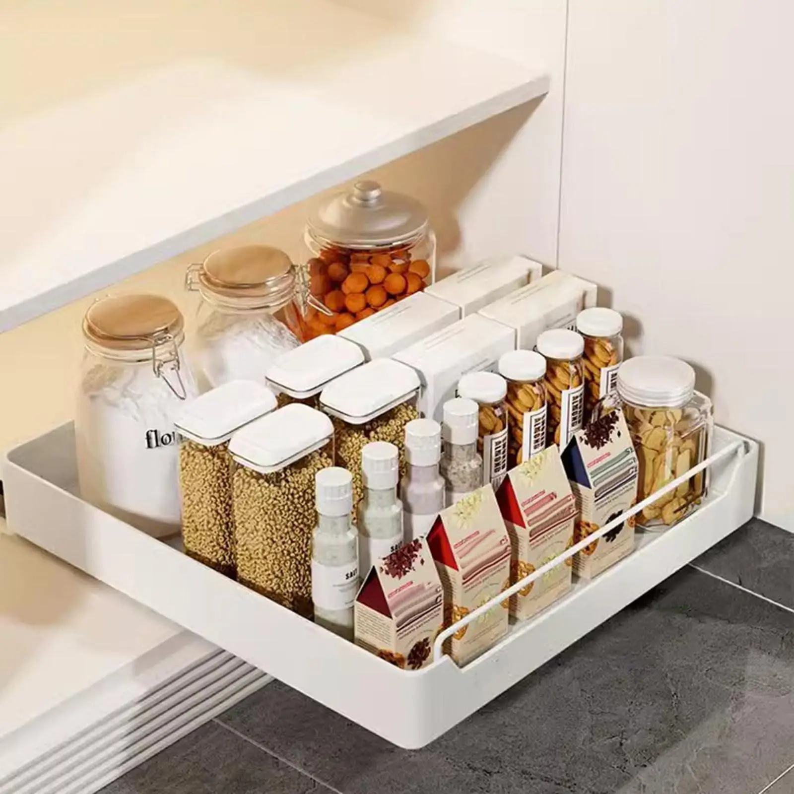 Telescopic drawer, pull-out drawer kitchen, kitchen cabinet organizer, storage shelves for kitchen cabinets with adhesive film, cabinet pull-out (40 cm W x 43 cm D x 7 cm H), no drilling or nailing, white