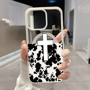 Personalised Cow Cross Pattern Magnetic Phone Case for iPhone17 16 15 14 Pro Max 13 12 11 XR XS Plus Non-Yellowing Clear Crystal Drop-Proof Slim Silicone Shockproof Transparent Acrylic Cover Supports Wireless Charging.