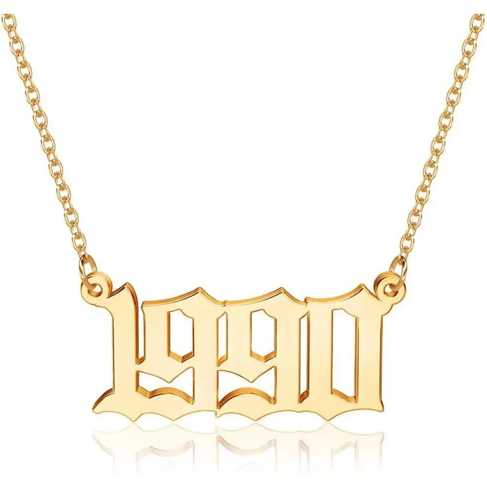 Birth Year Necklace for Women, 18K Gold Plated Old English Birth Year Number Pendant Necklace Jewelry Gifts for Women Birthday Anniversary, 1970-2021