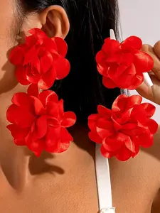 Flower Earrings, Large Fake Flower Studs, Cute Floral Pattern, All Seasons, Fabric Chain Material, No Choking Hazard, Not Plated