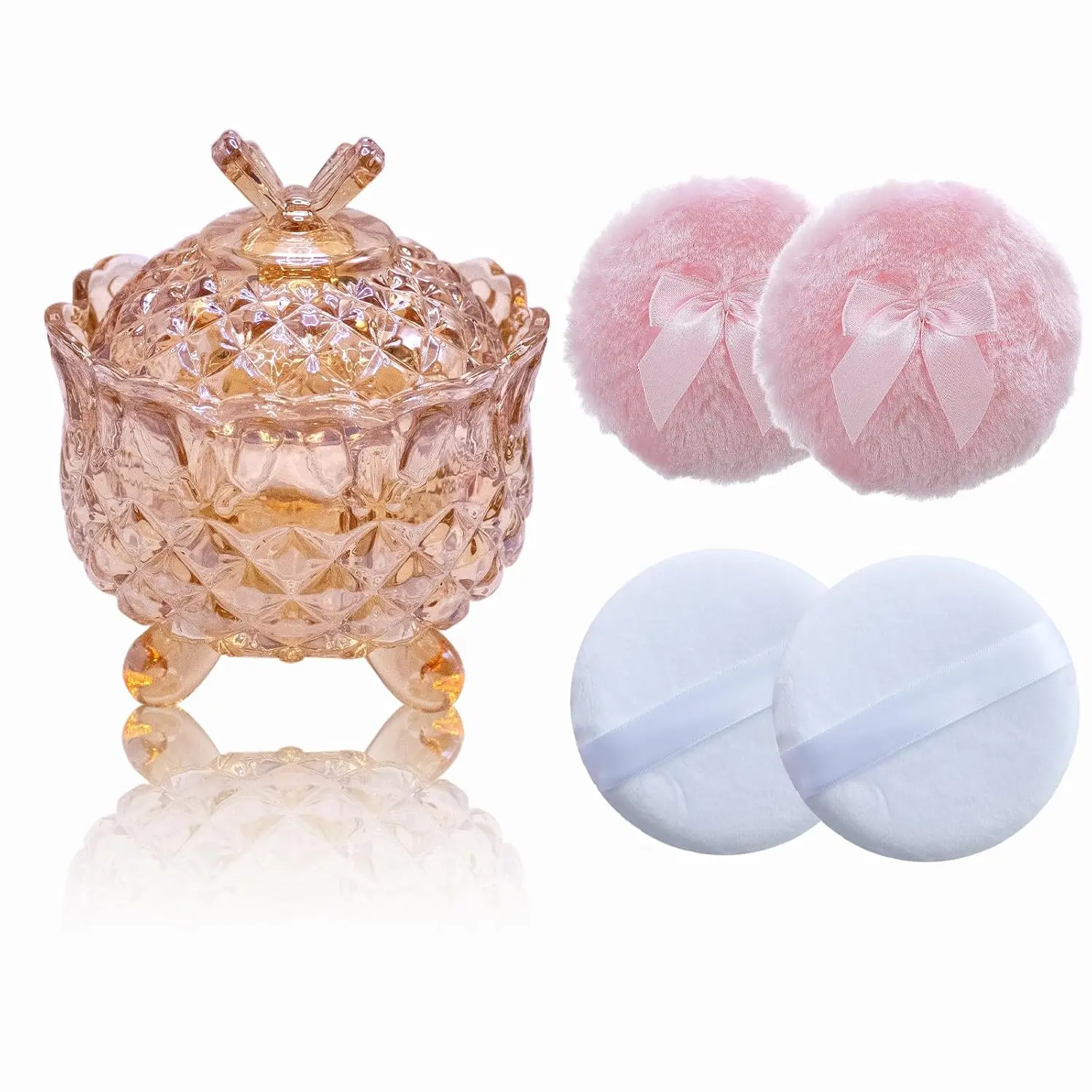5 Pieces Body Powder Puff and Powder Container (Amber, Butterfly) | Glass Crystal Case for Dust Puff, Powder applicator with Box for Face and Body