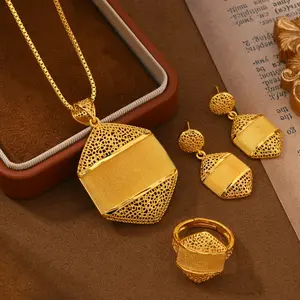 24k Gold Plated Jewelry Set, 4 Piece Gift Box House Shaped Copper Wedding Banquet Jewelry, Women's Necklace Earrings Ring Valentine's Day Gift, Matching Jewelry Set