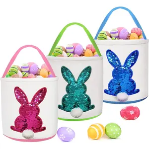 3 Pack Easter Eggs Baskets for Kids,Canvas Personalized Easter Bunny Baskets Bucket Tote Gifts Bags with Rabbit Fluffy Tail for Girls Boys Easter Eggs Hunt Easter Party Favors Decorations Toy